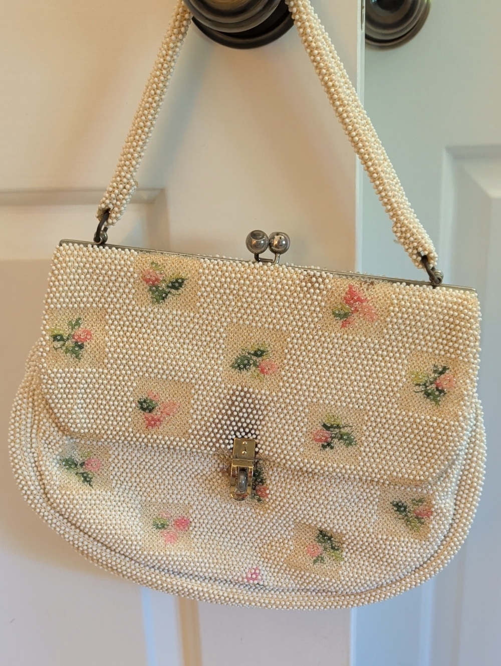 Vintage Beaded Ivory Floral Evening Bag